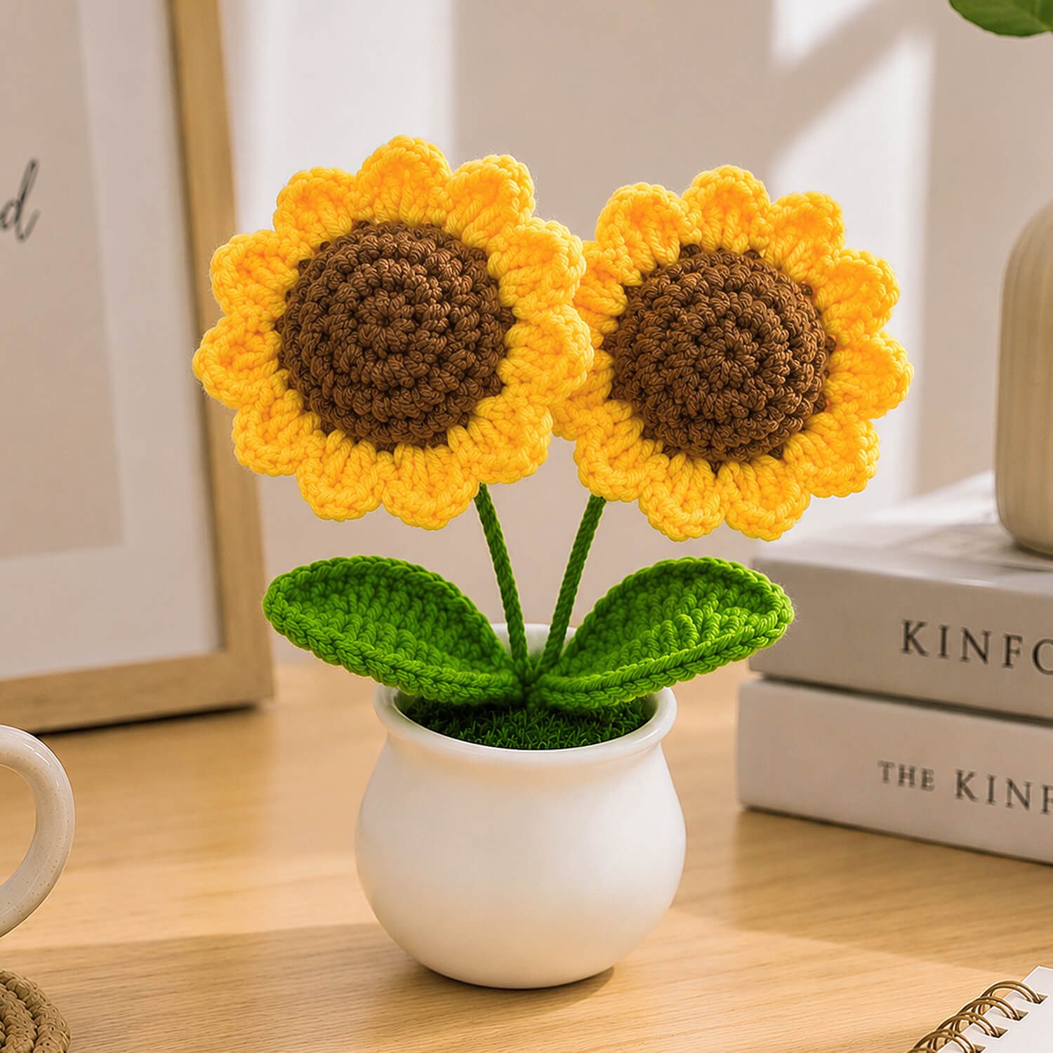 ascension Handmade Crochet Sunflower in White Pot for Home Office Desk Car Dashboard Decoration Knitted Artificial Flower Plant for Living Room & Bedroom Decor & Gift Item
