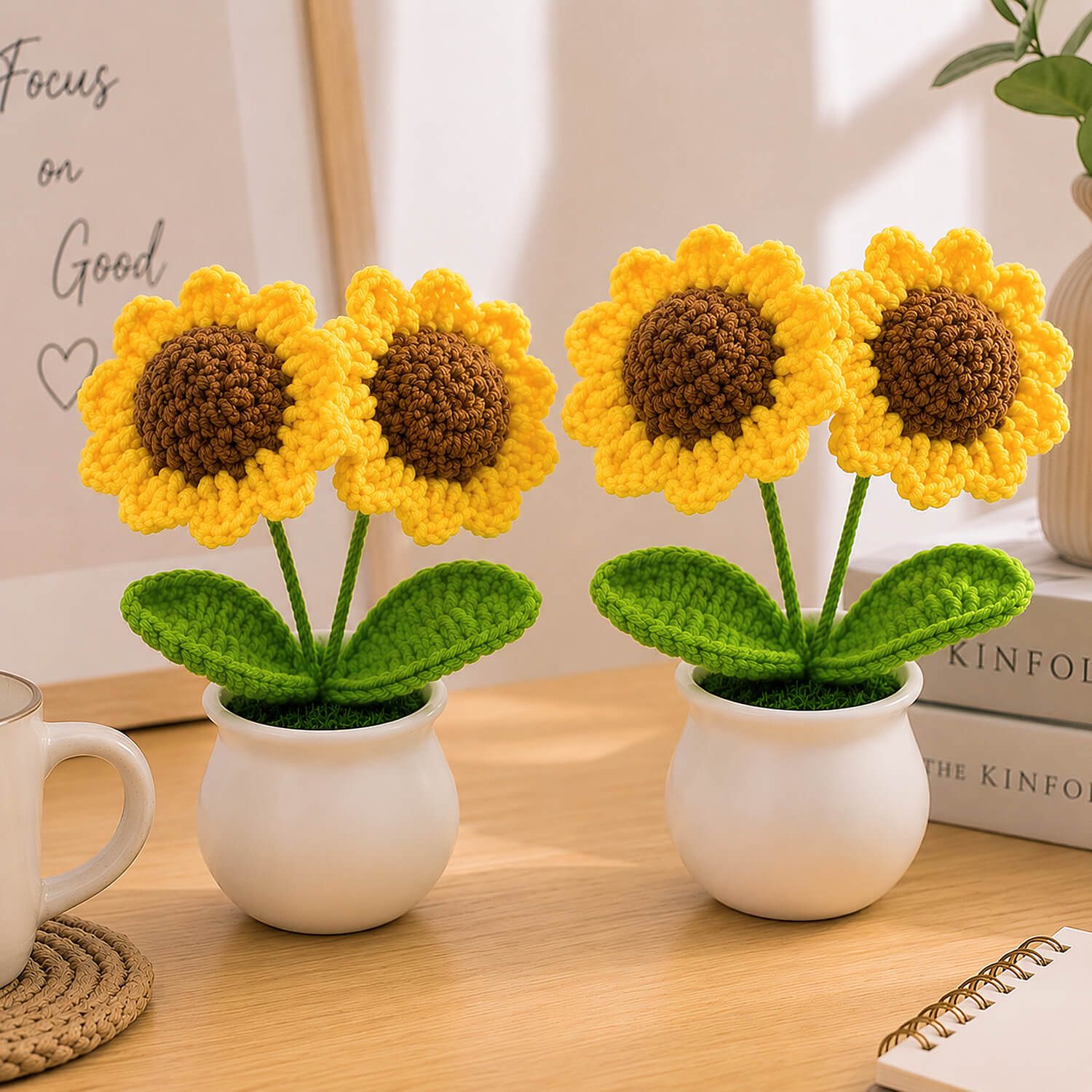 ascension Pack of 2 Handmade Crochet Sunflower in White Pot for Home Office Desk Car Dashboard Decoration Knitted Artificial Flower Plant for Living Room & Bedroom Decor & Gift Item