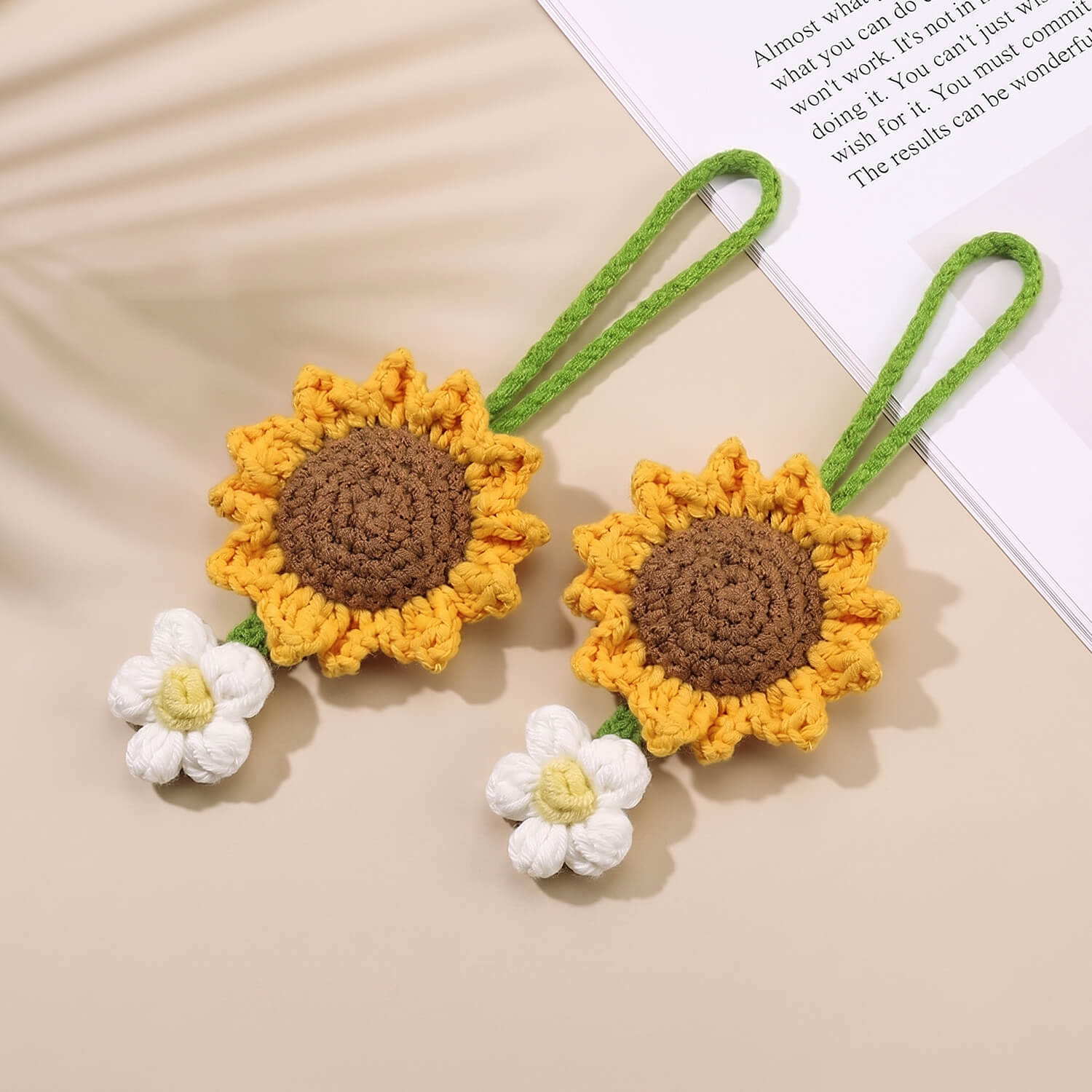 ascension Pack of 2 Car Hanging Crochet Sunflower Knitted Rear View Mirror Hanging Ornament Handmade Flower Charm for Car, Home, Office Decoration Interior Accessories & Gift Item