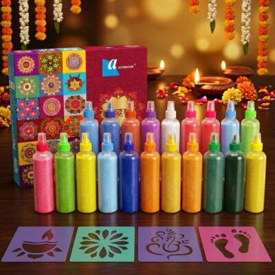 Ascension Rangoli Making Kit with 20 Vibrant Rangoli Colours & Decorative Stencils for Diwali, Pooja, Festival, Home Entrance and Floor Decoration