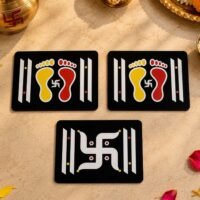 Traditional decorative Rangoli Tiles with vibrant red yellow and white ethnic designs for Indian home and festive decoration