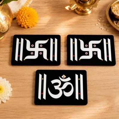 Swastik and Om pooja wall decor set with three black decorative panels