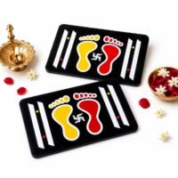 Charan Paduka Pooja Wall Decor Set with red and yellow sacred footprints