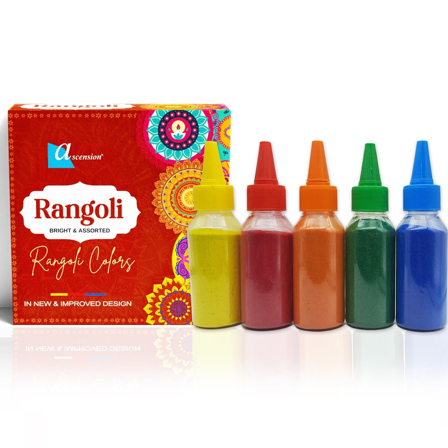 Ascension Rangoli Powder Colors Bottles Design Creativity Diwali Floor Rangoli Art Ceramic Colours Rangoli Color Powder Rang for Navratri Pooja Mandir (Pack of 5)