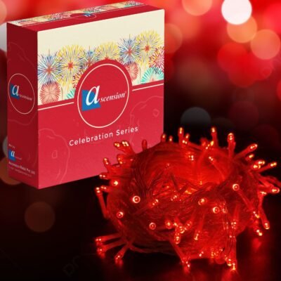 Ascension Celebration Series red LED string fairy lights glowing brightly beside the packaging box