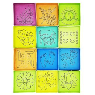 Ascension Set of 12 Different Design Draw Rangoli Making Kit Rangoli Stamp Om Swastik Flower Assorted Multi Designs Colourful Rangoli Designs Rangoli Making Square Stencils