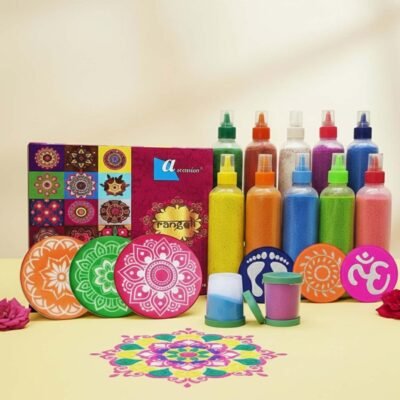 ascension 10 Rangoli Powder Colors 80 gm Each 2 Fillers, 3 Stencils & 3 Stamp Stencils Ceramic Colours Rangoli Making Tolls Kit Color Powder Rang for Navratri Pongal Pooja Mandir (Combo 1)