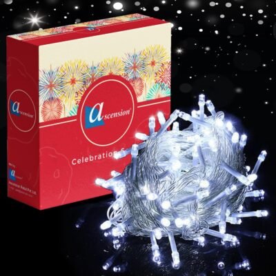 Bright cool white LED string strip decoration lights bundled next to an Ascension brand packaging box