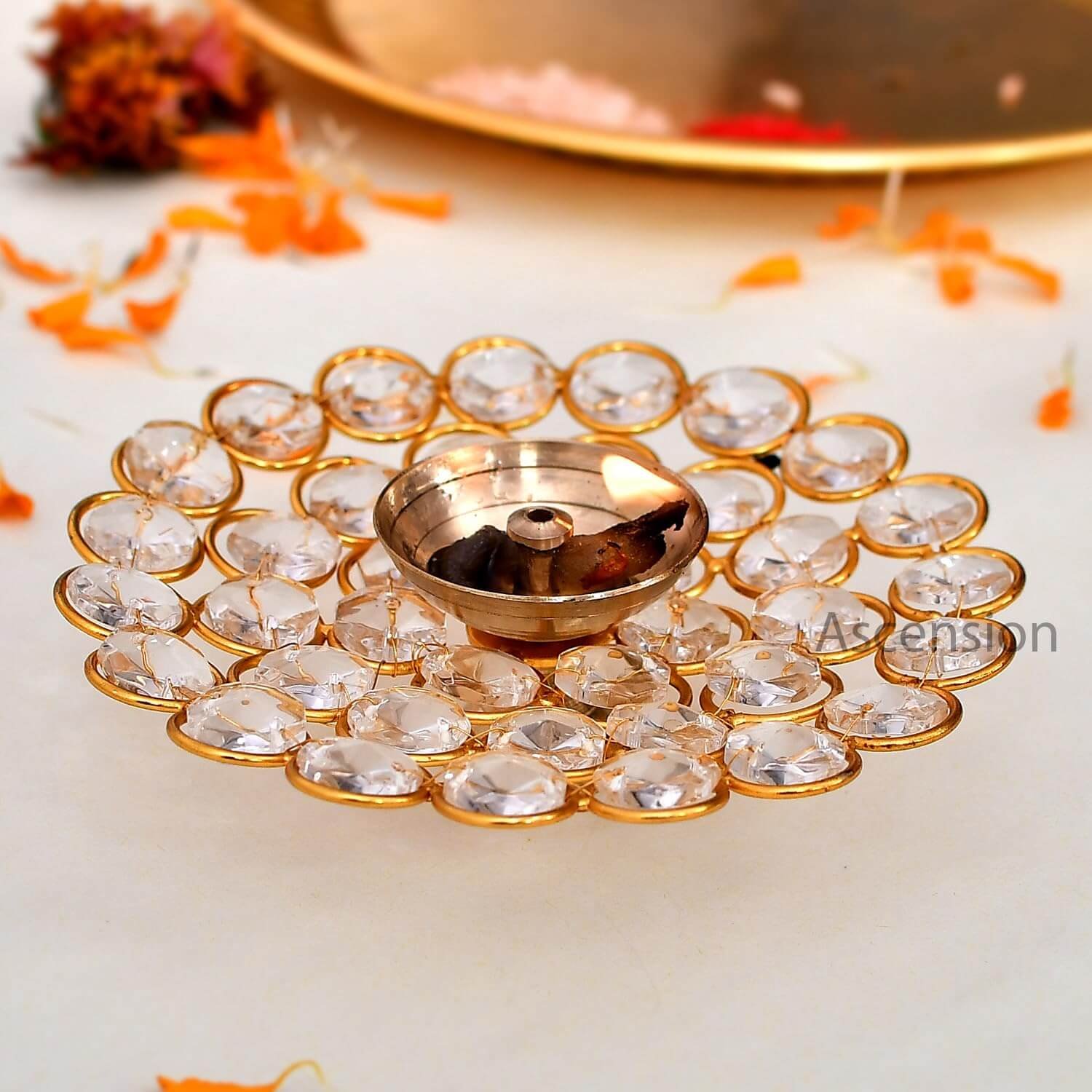 ascension Crystal Round Metal Akhand Jyot Diya for Puja Decoration Lightning Diya Oil Lamp for Puja Room Metal Diya for Pooja Deepak with Candle Holder Stand for Mandir Home Office