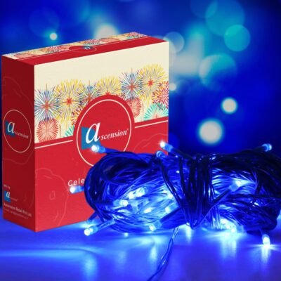 Blue fairy string lights bundled next to decorative packaging