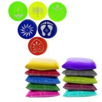 Rangoli stencil powder kit featuring six colorful mesh stencils and ten bags of colored powder on a white surface.