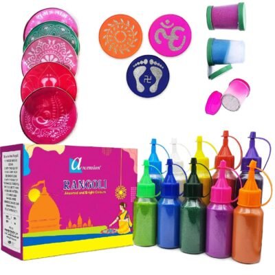 ascension 10 Rangoli Powder Colors 80 gm Each Ceramic Colours Rangoli Color Powder Rang 3 Filler, 5 Stencils & 3 Stamp Stencils for Navratri Pongal Pooja Mandir (Combo 2)
