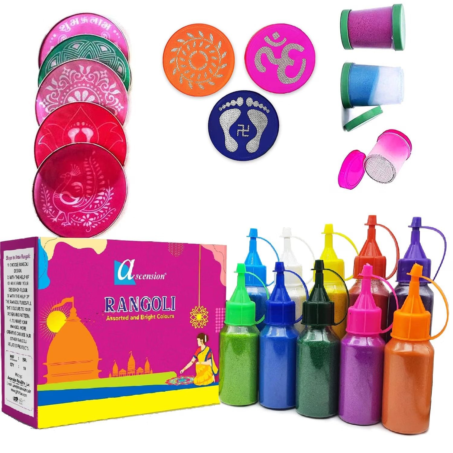 ascension 10 Rangoli Powder Colors 80 gm Each Ceramic Colours Rangoli Color Powder Rang 3 Filler, 5 Stencils & 3 Stamp Stencils for Navratri Pongal Pooja Mandir (Combo 2)
