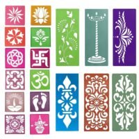 Ascension 12 Different Design Draw Rangoli Making Kit Rangoli Stamp Om Swastik Flower Design Colourful Rangoli Making Stencils & 6 Border Stencils Multi Designs