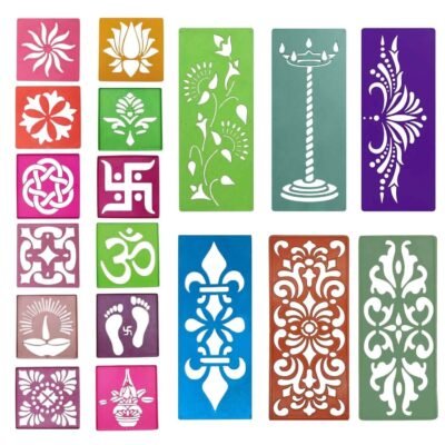Ascension 12 Different Design Draw Rangoli Making Kit Rangoli Stamp Om Swastik Flower Design Colourful Rangoli Making Stencils & 6 Border Stencils Multi Designs