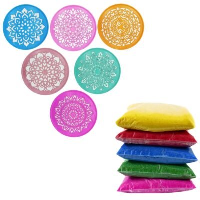 Ascension Rangoli kit 5 Multicolour Rangoli Powder 80g Each with 6 Rangoli Stencils Stamp Ceramic Colours Rangoli Powder Colors Rangoli Making Kit for Floor Diwali Navratri Pongal Pooja Mandir