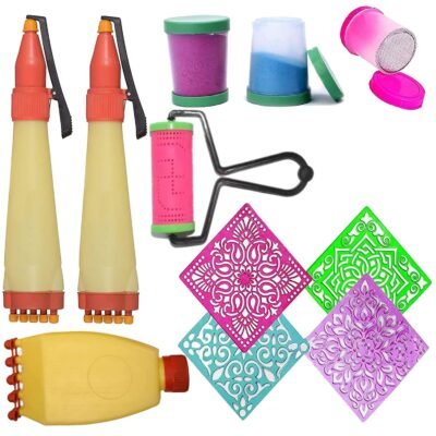 Image Alt Text: Ascension rangoli making kit with stencils, squeeze dispenser pens, pattern roller, and mesh sifter jars.
