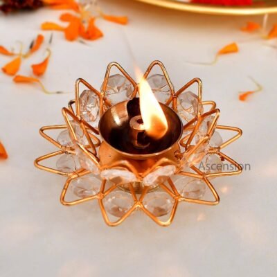 ascension Crystal Round Metal Akhand Jyot Diya for Puja Decoration Lightning Diya Oil Lamp for Puja Room Metal Diya for Pooja Deepak with Handle Stand for Mandir Home Office