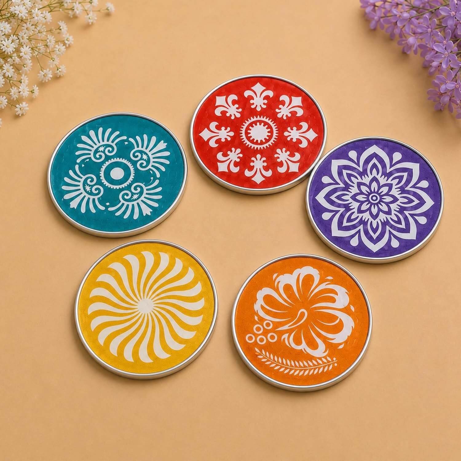 Ascension ® Multi Designer Rangoli Stencils Set of 10 Stencils for Floor Rangoli Decoration Diwali Decoration 4 Inches Round Rangoli Stamp Flower Ganesha Kalash Swastik Stencils 4inches - Image 5