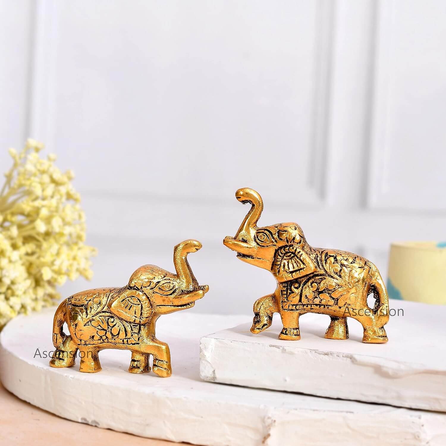 ascension Set of 2 Metal Trunk Up Elephant Statue Figurine Fengshui Vastu Lucky Decorative Items for Home Decor Office Desktop Animal Figurine Antique Elephant Set Showpiece (Golden)