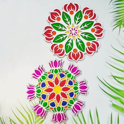 Ascension Pack of 2 Different Design Portable Rangoli (11 inches) Stencil for Decor DIY Craft Reusable Templates for Floor Table Just Fill with Rangoli Atta or Grains for Navratri Pongal Pooja Mandir (Design 1)