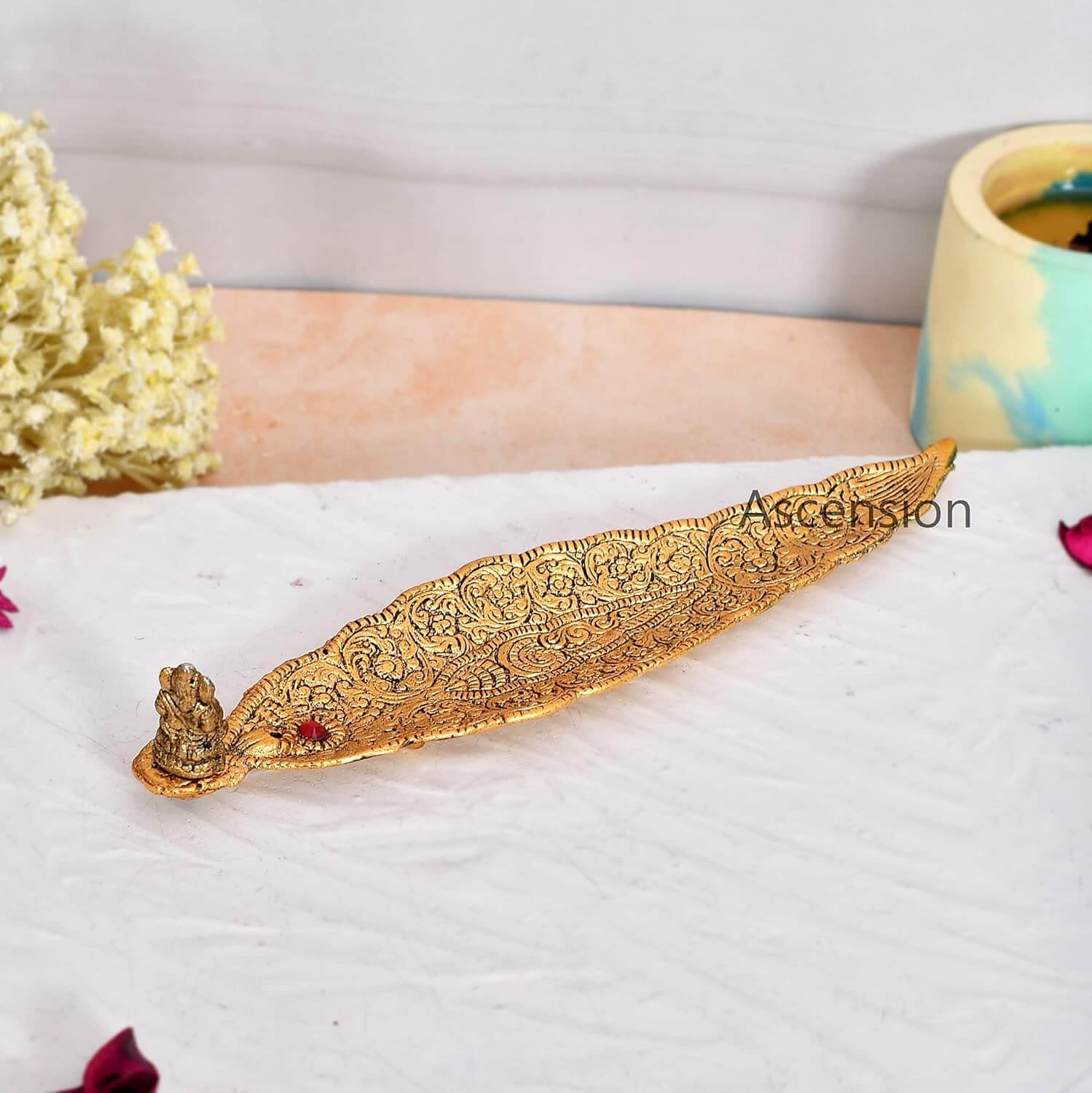 Ascension Agarbatti Holder Gold Plated Leaf Pattern with Small Ganesh for Home Decor, Office, Pooja Room Pooja Agarbati Stand Decoration Graceful Diyas (Golden)
