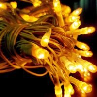 Warm white fairy string lights glowing brightly in a coiled bundle