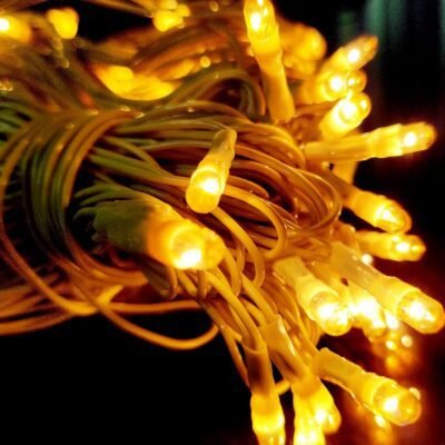 Warm white fairy string lights glowing brightly in a coiled bundle