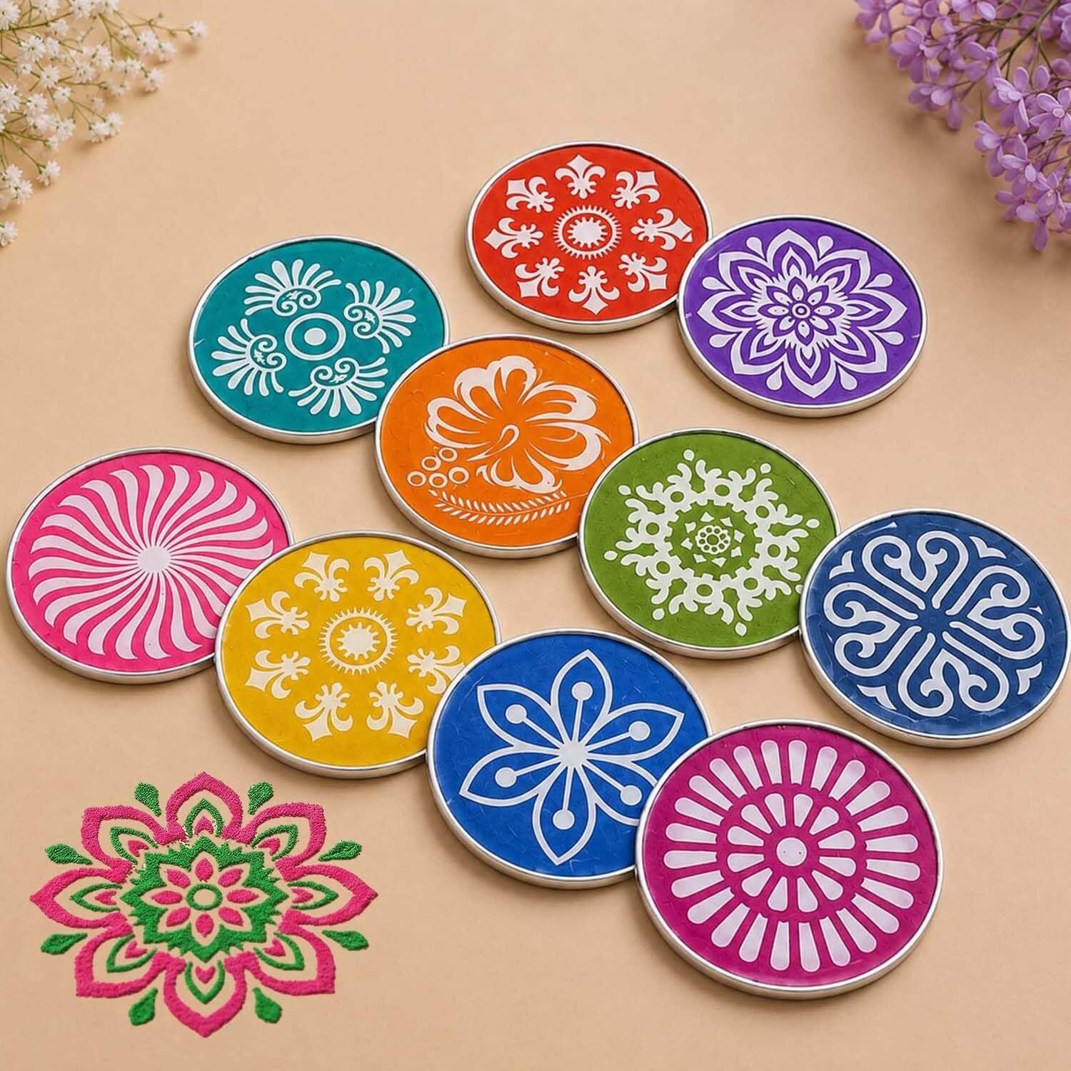 Ascension ® Multi Designer Rangoli Stencils Set of 10 Stencils for Floor Rangoli Decoration Diwali Decoration 4 Inches Round Rangoli Stamp Flower Ganesha Kalash Swastik Stencils 4inches