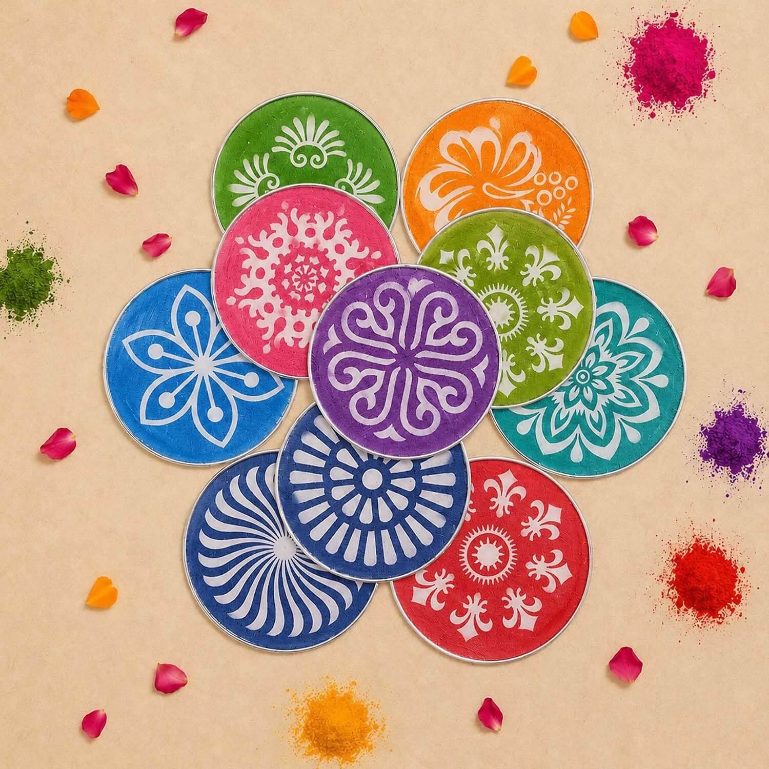 Ascension ® Multi Designer Rangoli Stencils Set of 10 Stencils for Floor Rangoli Decoration Diwali Decoration 4 Inches Round Rangoli Stamp Flower Ganesha Kalash Swastik Stencils 4inches - Image 4