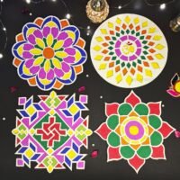 Diwali rangoli mat set featuring four colorful geometric and floral designs on a black background.