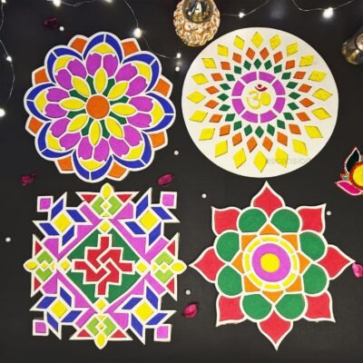 Diwali rangoli mat set featuring four colorful geometric and floral designs on a black background.