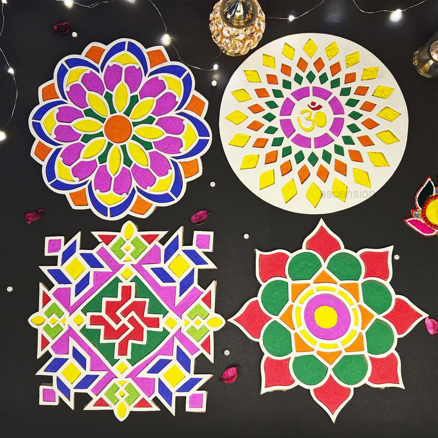 Diwali rangoli mat set featuring four colorful geometric and floral designs on a black background.