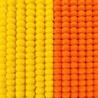 Densely packed yellow and orange marigold flower strings arranged side by side in a dual color block pattern.