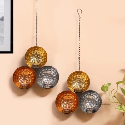 Hammered metal wall hanging tealight candle holder with gold copper and silver bowls