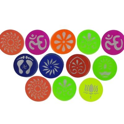 Ascension Designer Rangoli Set of 10 Stencils for Floor Rangoli Diwali Decoration, 7.5 Inches Round Rangoli Stamp - Flower, Ganesha, Kalash, Swastik Stencils,Metal