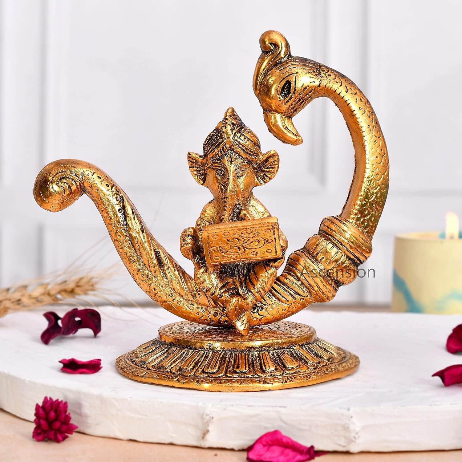 ascension Ganesha Reading Book Sitting on Peacock Statue Ganesh Murti Religious Showpiece Ganesh Idol Sculpture for Home Decor Table Office Temple Diwali Pooja Ganesh Ji for Home Decoration