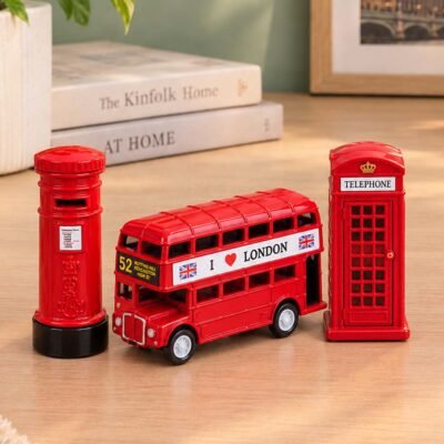 Ascension red London miniature showpiece set with double decker bus telephone booth and post box
