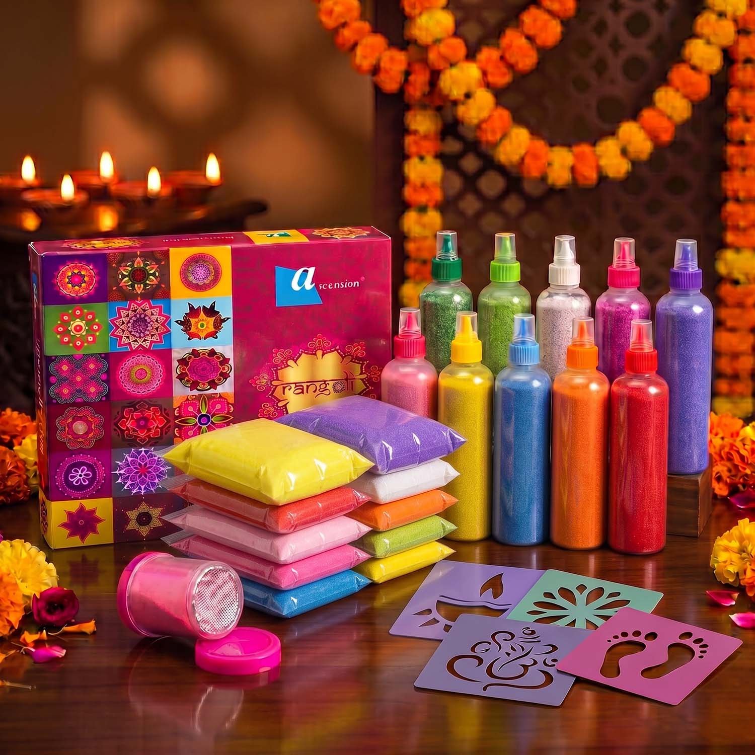Ascension 10 Rangoli Powder Colors Bottles 4 Stencils and 1 Filler (10 Rangoli Powder Pouch Multicolour, 80 Grams Each) Creativity Diwali Decor Item Floor Rangoli Art Color Powder for Navratri Pooja