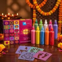 Assorted rangoli colors with Diya, footprints, floral and Ganesha rangoli stencils