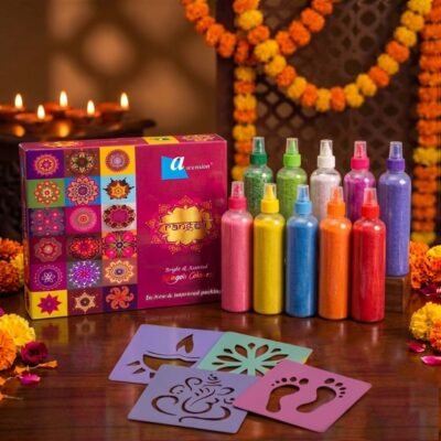 Assorted rangoli colors with Diya, footprints, floral and Ganesha rangoli stencils
