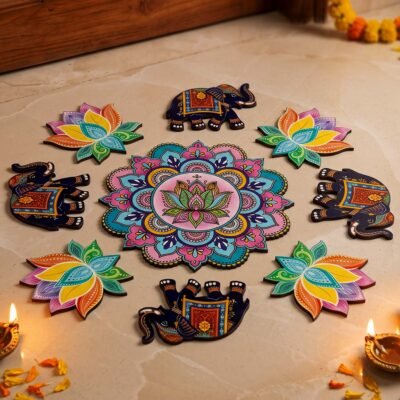 Colorful Diwali rangoli decoration with lotus mandala and elephant designs