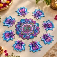 Colorful decorative lotus rangoli set with blue and purple floral pieces for Diwali and pooja decoration