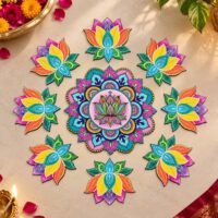Colorful decorative lotus rangoli set with blue and purple floral pieces for Diwali and pooja decoration