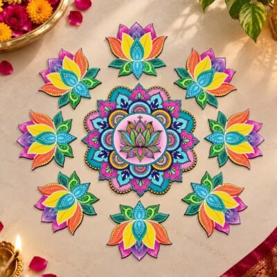 Colorful decorative lotus rangoli set with blue and purple floral pieces for Diwali and pooja decoration