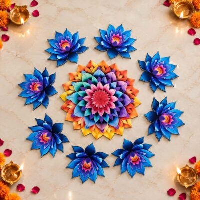 Colorful decorative lotus rangoli set with blue and purple floral pieces for Diwali and pooja decoration