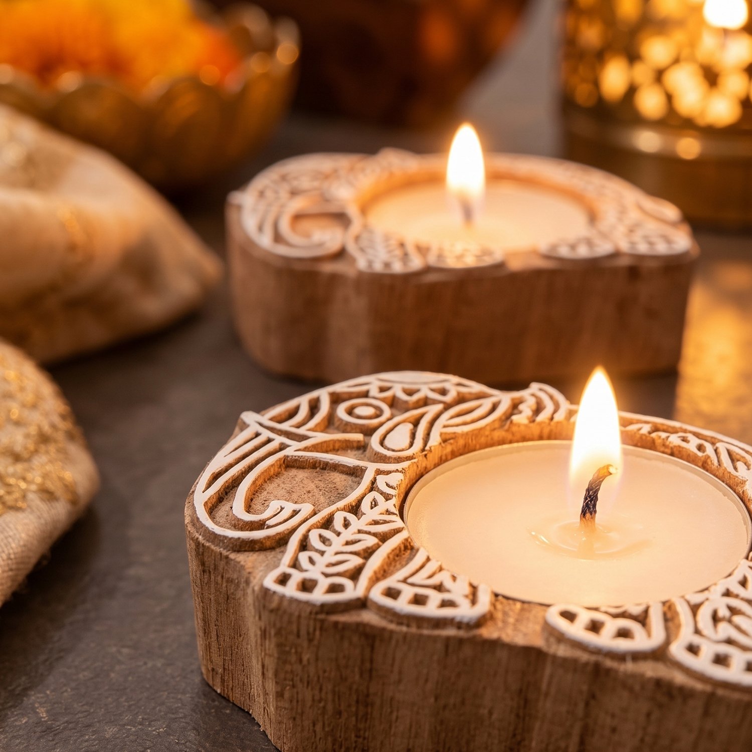 Ascension Pack of 8 Wooden Elephant Shaped Tea Light Candle Holder Handmade Wooden Block Print Tealight Candle Stand Decorative Items for Puja Gifting Indoor Outdoor Diwali Home & Office Decoration - Image 3
