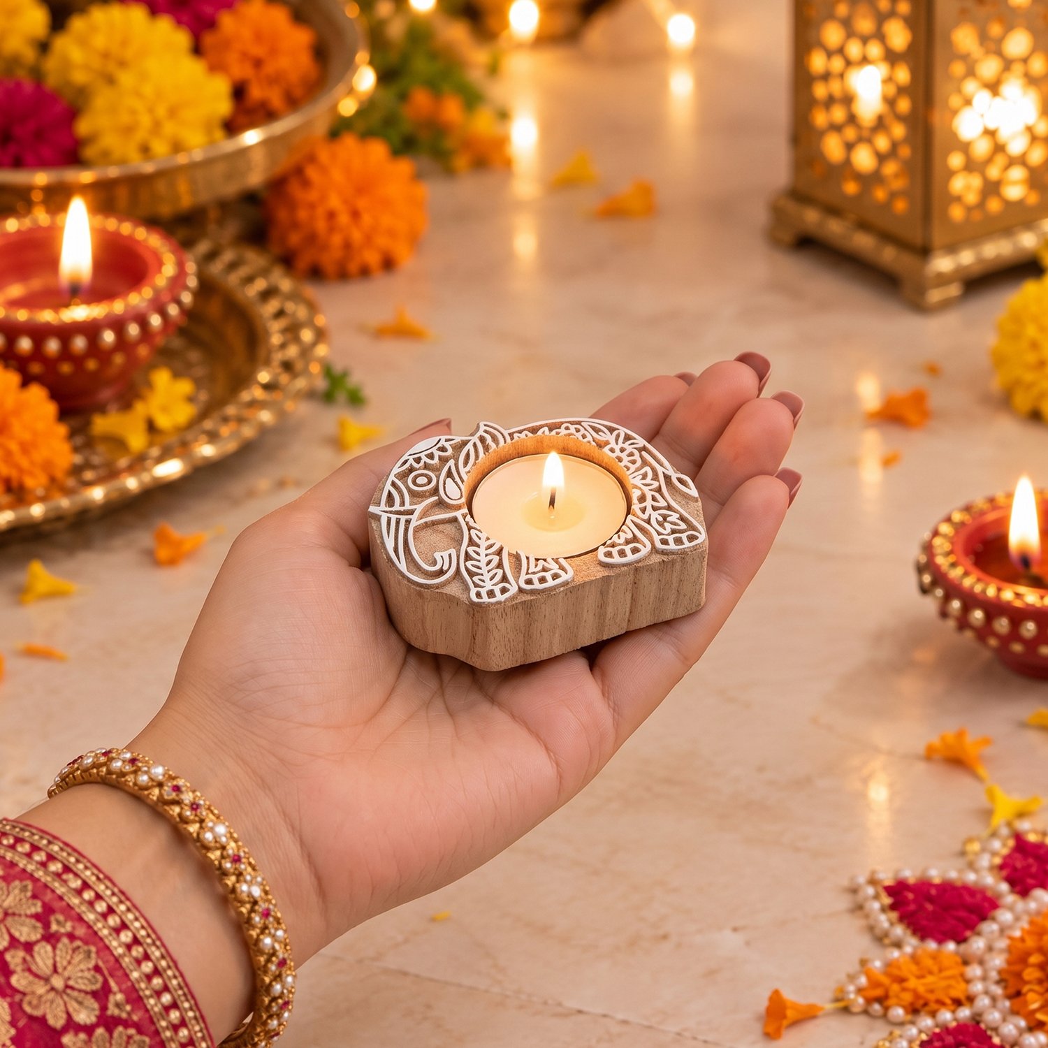 Ascension Pack of 8 Wooden Elephant Shaped Tea Light Candle Holder Handmade Wooden Block Print Tealight Candle Stand Decorative Items for Puja Gifting Indoor Outdoor Diwali Home & Office Decoration - Image 4