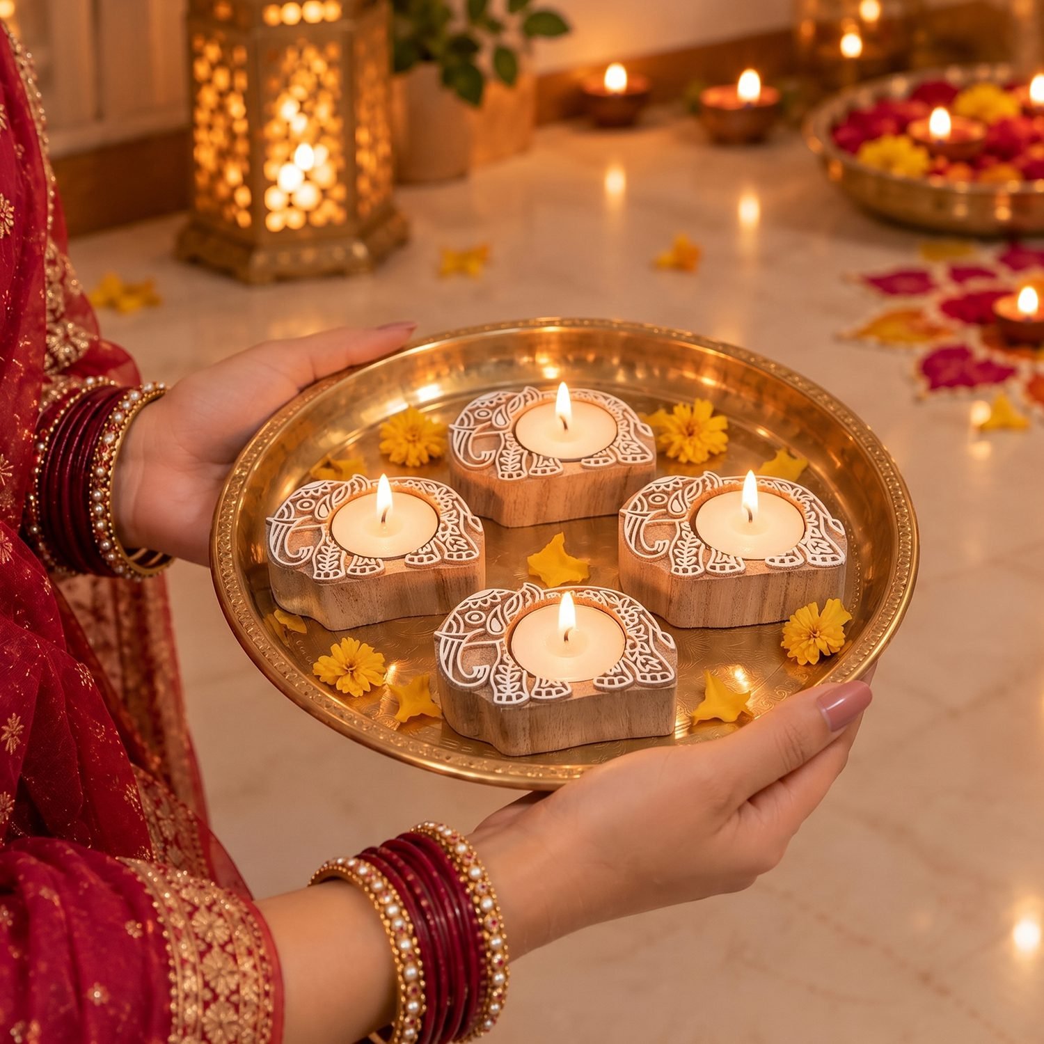 Ascension Pack of 8 Wooden Elephant Shaped Tea Light Candle Holder Handmade Wooden Block Print Tealight Candle Stand Decorative Items for Puja Gifting Indoor Outdoor Diwali Home & Office Decoration - Image 5