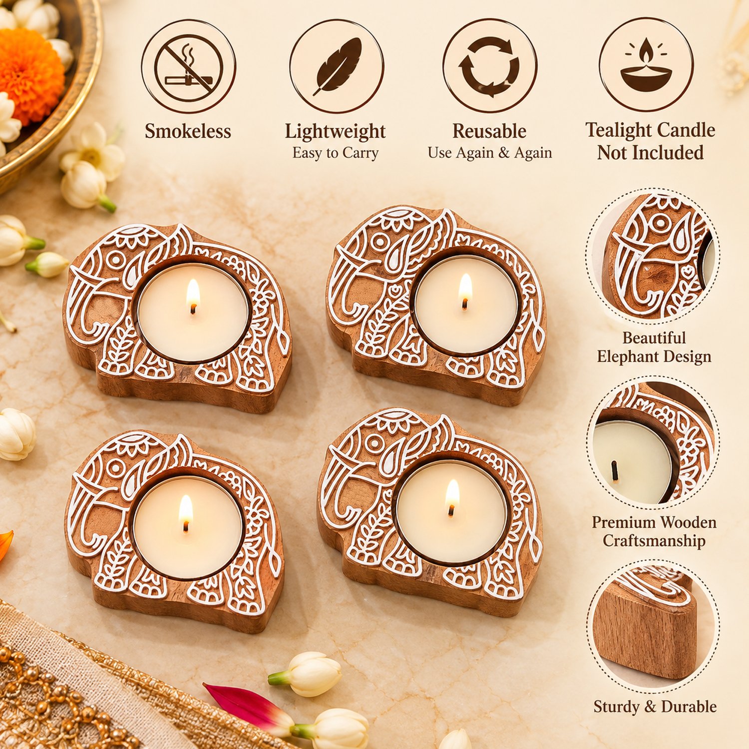 Ascension Pack of 8 Wooden Elephant Shaped Tea Light Candle Holder Handmade Wooden Block Print Tealight Candle Stand Decorative Items for Puja Gifting Indoor Outdoor Diwali Home & Office Decoration - Image 6